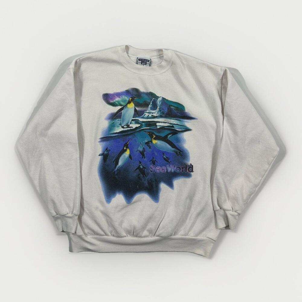 Vintage VTG 90s Sea World Penguin Sweater Pullover White Size L Heavyweight